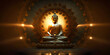 Buddha statue transcendental spiritual meditation with aura, banner yellow light. Generation AI