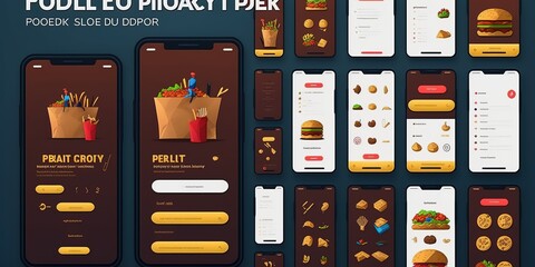 Food delivery mobile app kit template Material Design, UI, UX and GUI Screens. Login, Find Stores, delivery option