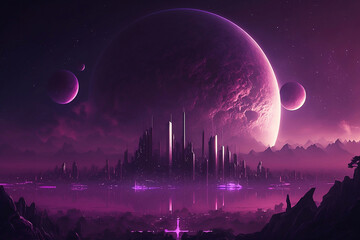 Wall Mural - A magenta city with a full moon over the mountains. Generative AI. 