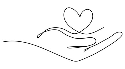 Wall Mural - Hand holds heart continuous one line art drawing. Charity donation linear symbol. Vector illustration isolated on white.	