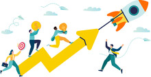 Entrepreneurship Teamwork On Start Up Project Startup. People Run Rocket ,investments ,ideas New Project Launch Metaphor. Company Launches New Acceleration Product Start. Vector Illustration Teamwork