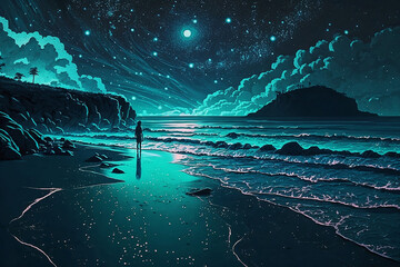 Wall Mural - Night in the sea with stars. Generative AI.