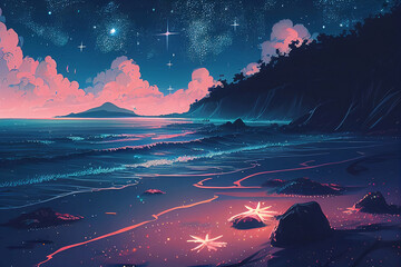 Wall Mural - Night in the sea with stars. Generative AI.