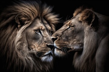 Wall Mural - In the Air Love. In Masai Mara, Kenya, an African lion pair got together. A dark and moody portrait of a wild lion that would look great on posters, wallpaper, or printed and put on the walls of your