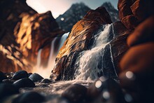 Close-up View Of Stream Waterfall. Waterfall Close-up Background. Water Falling On The Rocks In Close Up. Generative Ai.