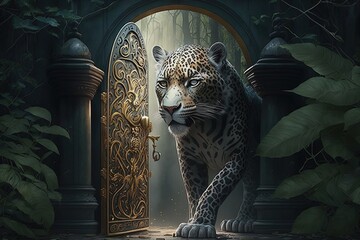 Wall Mural - the guardian at the gate: an unforgettable encounter with a fantasy jaguar generative ai