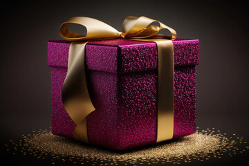 Sticker - gift boxes. Magenta, purple gift boxes with golden ribbon and bow. birthday celebration concept. ai generative