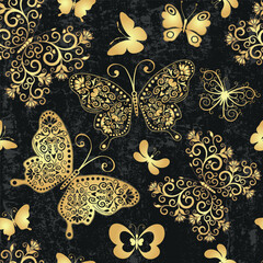 Vector seamless spring pattern with golden butterflies on a dark grunge background