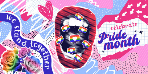 pride month, halftone collage in contemporary punk grunge style. concept of lgbt, pride, love, human