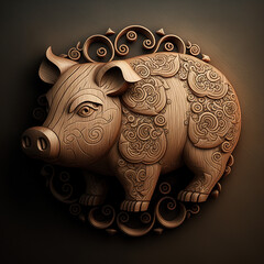 pig, piglet, ornaments, chinese zodiac, zodiac, wood style, wooden, browny, brown, portrait, in action, generative ai