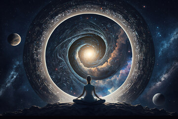 Wall Mural - silhouette of a woman meditating front of an abstract colorful spiral galaxy, relaxing yoga backgrou
