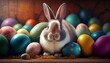 Cute easter bunny guarding a bunch of colorful eggs. Set of colorful Easter Eggs,  ai generated