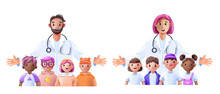 3D Pediatrician, Vector Medical Female Male, Family Doctor Children Healthcare Character Concept. Cartoon Therapist, Boys Girls Smiling Patients, Hospital Cheerful Man Volunteer. Pediatrician Doctor
