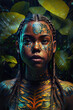© J S - Beautiful teenage tribe girl with facial paintings, serious face portrait on dark jungle background with copy space, generative ai