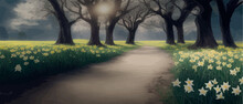 Fairy Tale Forest With Path And Flowers In Clearing, Spring Park Sun Rays Through The Trees, Atmospheric Nature Vector Illustration