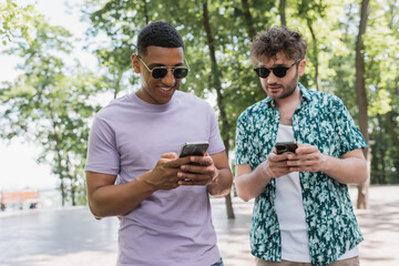 Wall Mural - Smiling interracial friends in sunglasses using smartphones in park.