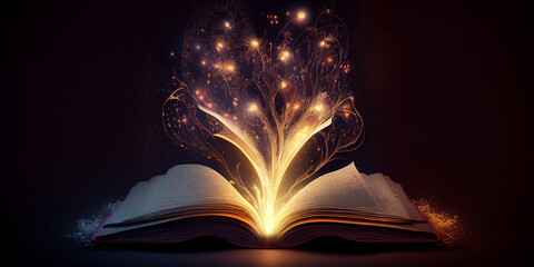 Wall Mural - Magic Book With Open Pages And Abstract Lights Shining In Darkness - Literature And Fairytale Concept