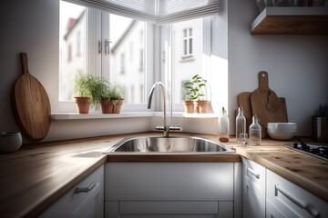 Corner sink in a white kitchen. Generative Ai.