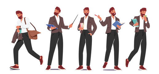 male teacher depicted in dynamic poses with pointer, books, eating sandwich, hurry at work isolated 