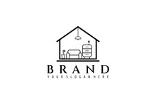 Vector Line Art Logo An Image Of A Minimalist House With Assorted Furniture Inside, Suitable For Businesses In The Home Furnishings Industry.
