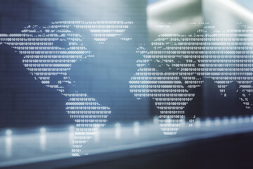 Wall Mural - multi exposure of abstract creative digital world map hologram on blurry modern office building back