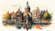 Watercolor Cityscape Of The City Of Amsterdam, Capital Of The Netherlands (Europe), On The Banks Of The Amstel River. Design. Chart. Drawing, Illustration. Paint. Art. Decor. City