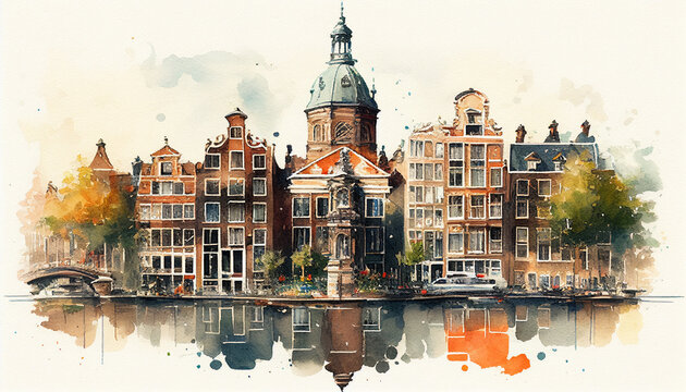 watercolor cityscape of the city of amsterdam, capital of the netherlands (europe), on the banks of 