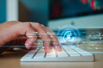 Wall Mural - hand of man is typing keyboard on computers for cyber security protection. cyber security concept, p
