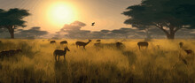 African Savannah Landscape With Green Trees And Simple Grasslands Against Backdrop Of The Jungle Sky. Kenya Panoramic View, Mountains And Skyline, Wildlife, Vector Illustration With Animals