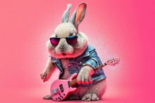 White Rabbit Rocker Guitarist, Wearing Black Sunglasses. Blue Jean Jacket And Pink Guitar. Studio Shot On Pink Background