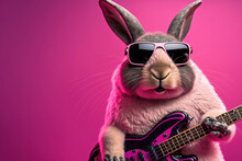 Guitarist Rabbit Playing Guitar Wearing Sunglasses Looking At Camera. Studio Shot With Pink Background