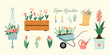 Home gardening hobby illustrations set. Vector plants, flowers, and garden tools spring seasonal flat style collection Isolated