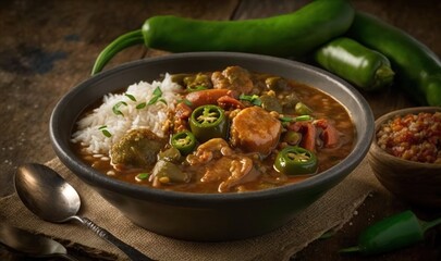 Poster -  a bowl of food with rice and peppers on a table.  generative ai