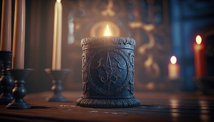 Poster -  a lit candle sitting on top of a wooden table next to a candle holder and a wall with a clock on it and candles in the background.  generative ai