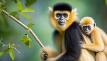  A Mother And Baby Monkey Sitting On A Tree Branch In The Jungle, Looking At The Camera, With A Blurry Background Of Green Leaves.  Generative Ai