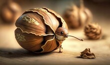 A Snail Crawling Through A Wooden Shell Next To Some Nuts.  Generative Ai