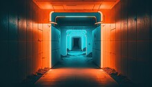 Lighted Tunnel And Hallway. Duotone, Teal And Orange Glowing Light. Industrial Building And Architecture. Sci-fi, Dramatic Lighting, Pathway Corridor.