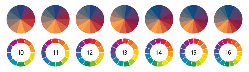 Sticker - Circle  shape divided into colorful segments, version with 10 to 16 parts, can be used as infographics element