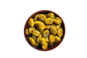 Wall Mural - Grilled green organic olives.  Isolated, transparent background.