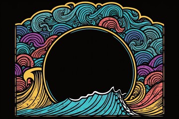 Colorful cartoon wave with empty circle frame with space for text. Creative liquid ocean waves black background