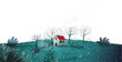 Little house alone in nature landscape fantasy scenery. Artistic dreamy fairytale house in nature scenery, wallpaper drawing for kids. Hand drawn surreal textured background vector illustration.