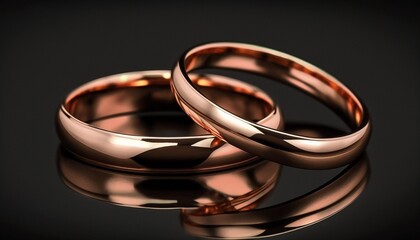 A pair of rose gold wedding rings isolated on dark background.
