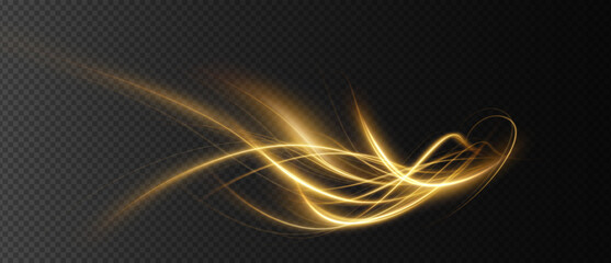 luminous gold wavy line of light on a transparent background. gold light, electric light, light effe