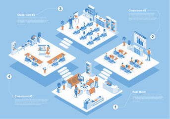Fototapete - Business training concept 3d isometric web scene with infographic. People working in classrooms, team at meeting listening teacher in conference room. Vector illustration in isometry graphic design
