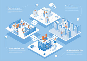 Fototapete - Data center concept 3d isometric web scene with infographic. People work in server maintenance and cloud processing hardware, technical support rooms. Vector illustration in isometry graphic design