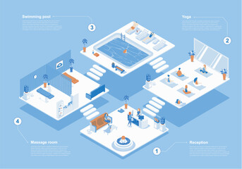 Fototapete - Wellness center concept 3d isometric web scene with infographic. People waiting at reception, doing yoga in class, swimming in pool, clients get massage. Vector illustration in isometry graphic design