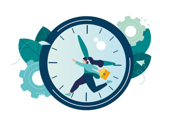 Wall Mural - Vector illustration, work time management concept, quick response, people rush to do everything at work, time is running out, rewind time