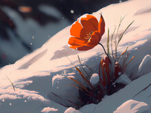 Mountain Red Flower Among The Snow. Ai Generated