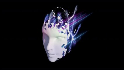 Wall Mural - face of humanization of artificial intelligence with digital wires and network structures, glitch ef