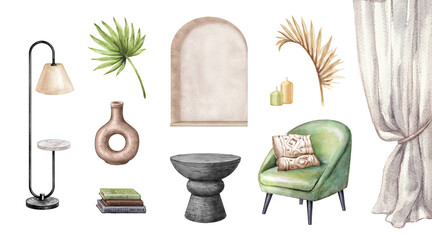 watercolor illustration. mood board with modern furniture and decor elements. interior home clip art